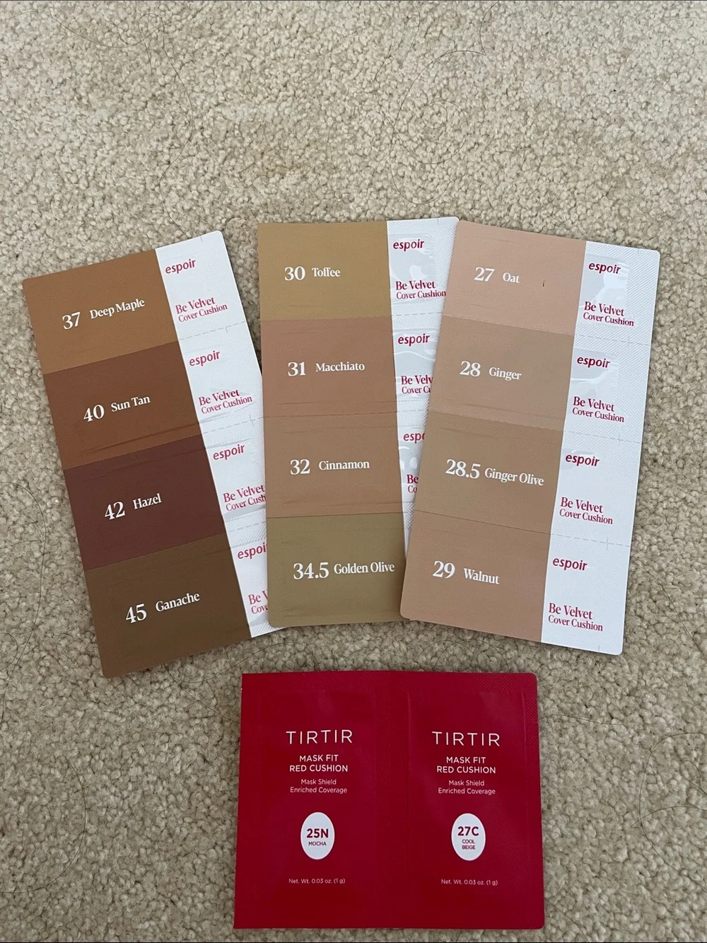 Espoir & Tirtir Cushion Foundation Shade Samples - Beige to Deep Tones